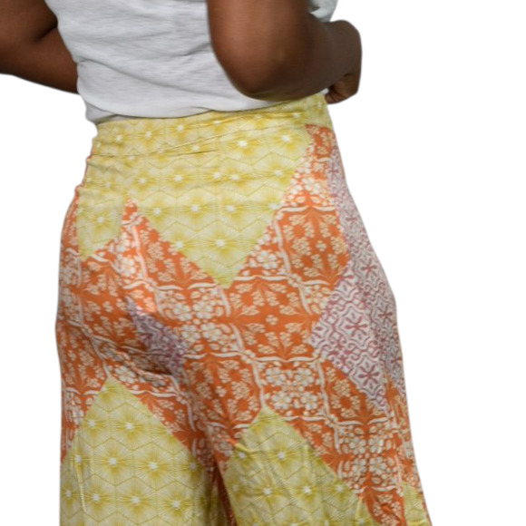 Olivaceous Patchwork Palazzo Print Pants Orange Yellow Rayon Wide Flare Medium - Picture 5 of 13